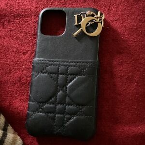 Christian Dior CANNAGE Quilted Black Phone Case with Gold Charm